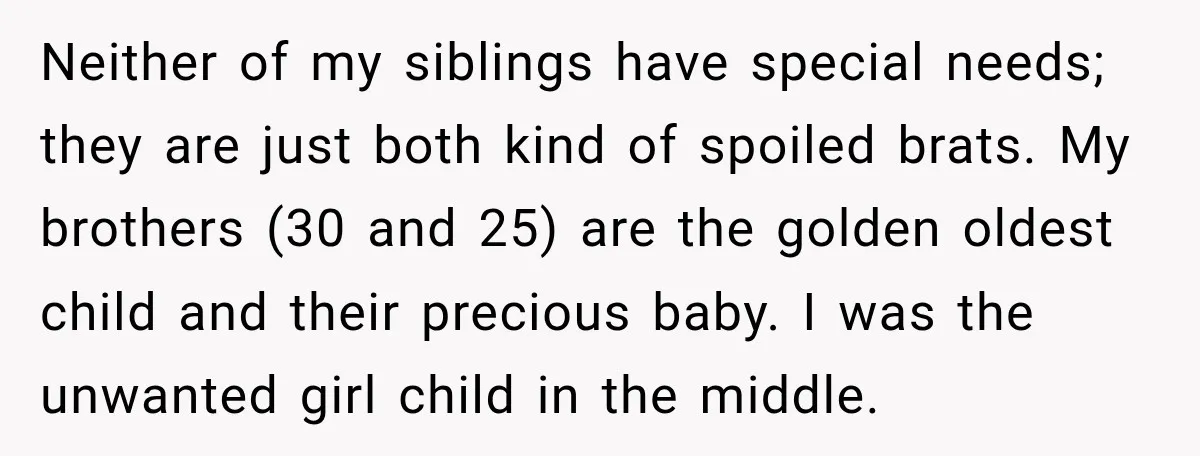 Bride Repeats Her Parents’ Favorite Excuse, Then Uninvites Them From Her Wedding Neither of my siblings have special needs; they are just both kind of spoiled brats. My brothers (30 and 25) are the golden oldest child and their precious baby. I...