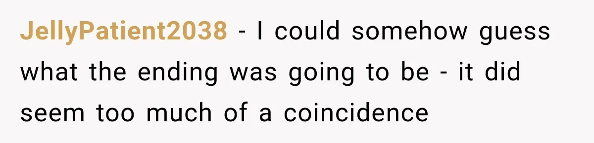 JellyPatient2038 − I could somehow guess what the ending was going to be - it did seem too much of a coincidence