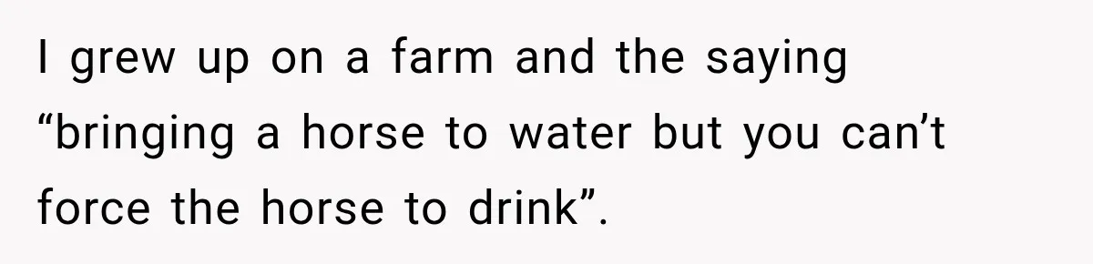 I grew up on a farm and the saying “bringing a horse to water but you can’t force the horse to drink”.