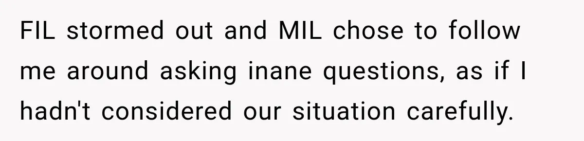 FIL stormed out and MIL chose to follow me around asking inane questions, as if I hadn't considered our situation carefully.