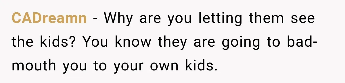 CADreamn − Why are you letting them see the kids? You know they are going to bad-mouth you to your own kids.