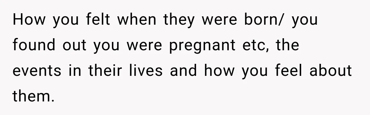 How you felt when they were born/ you found out you were pregnant etc, the events in their lives and how you feel about them.