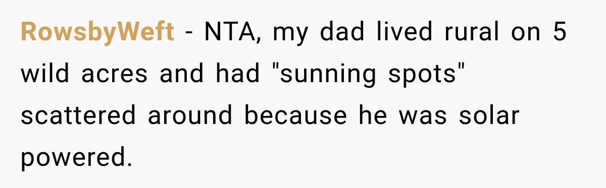 RowsbyWeft − NTA, my dad lived rural on 5 wild acres and had "sunning spots" scattered around because he was solar powered.
