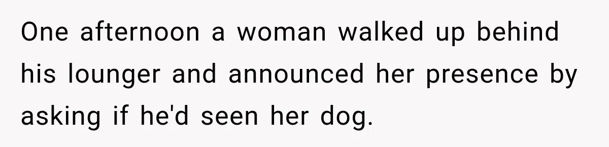 One afternoon a woman walked up behind his lounger and announced her presence by asking if he'd seen her dog.