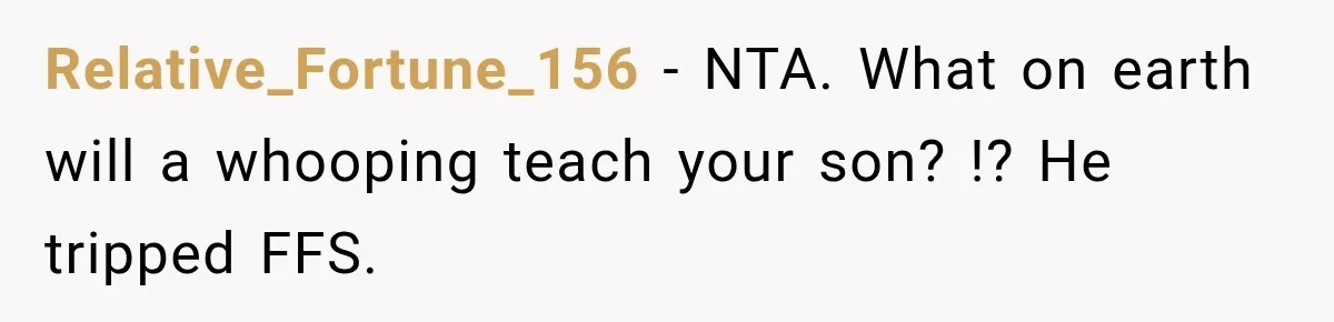 Relative_Fortune_156 − NTA. What on earth will a whooping teach your son? !? He tripped FFS.
