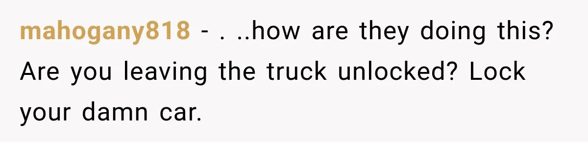 mahogany818 − . ..how are they doing this? Are you leaving the truck unlocked? Lock your damn car.