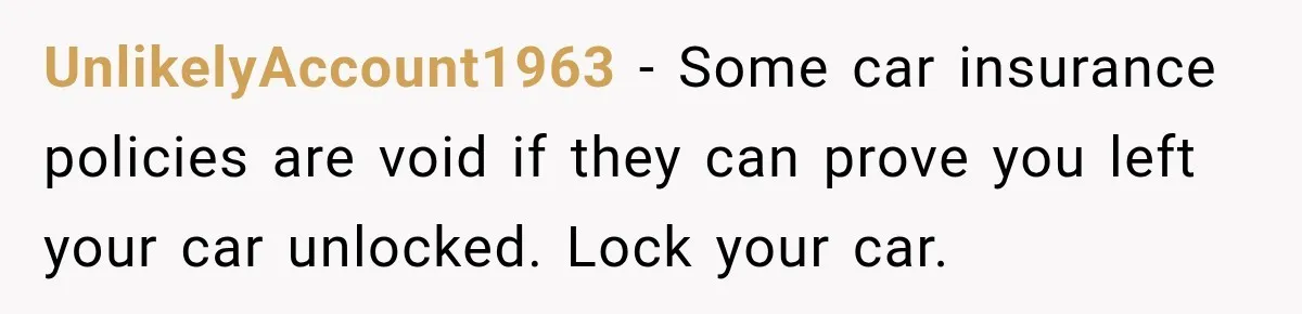 UnlikelyAccount1963 − Some car insurance policies are void if they can prove you left your car unlocked. Lock your car.