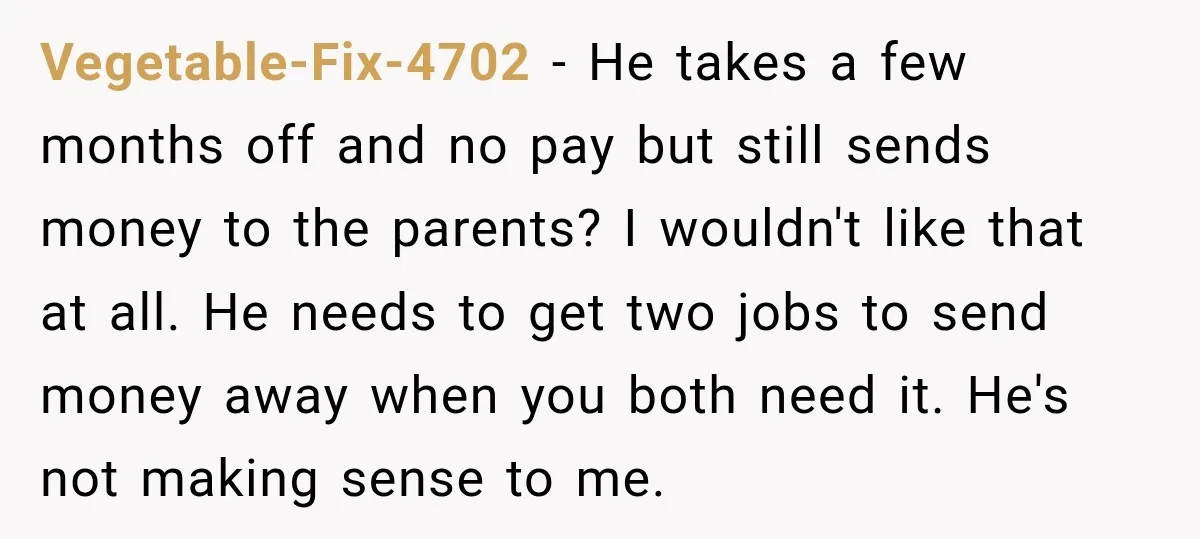 Woman Supports Her Husband’s Parents, Until She Realizes She’s Funding Their Retirement Vegetable-Fix-4702 − He takes a few months off and no pay but still sends money to the parents? I wouldn't like that at all. He needs to get two jobs...