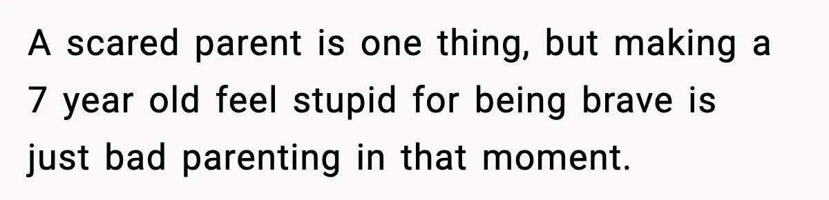A scared parent is one thing, but making a 7 year old feel stupid for being brave is just bad parenting in that moment.