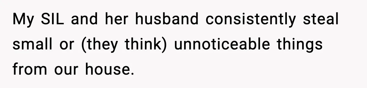 Couple Bans Thieving In-Laws After They Keep Taking Small Items From Their Home My SIL and her husband consistently steal small or (they think) unnoticeable things from our house.