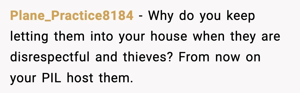 Couple Bans Thieving In-Laws After They Keep Taking Small Items From Their Home Plane_Practice8184 − Why do you keep letting them into your house when they are disrespectful and thieves? From now on your PIL host them.