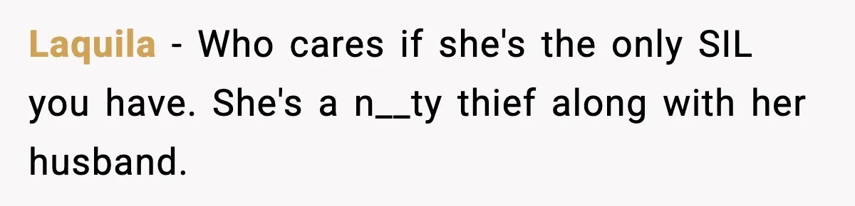 Couple Bans Thieving In-Laws After They Keep Taking Small Items From Their Home Laquila − Who cares if she's the only SIL you have. She's a n__ty thief along with her husband.