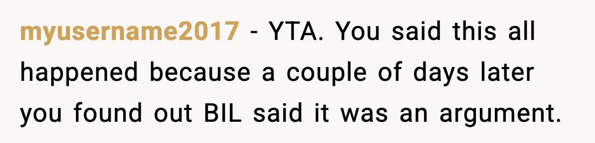 myusername2017 − YTA. You said this all happened because a couple of days later you found out BIL said it was an argument.