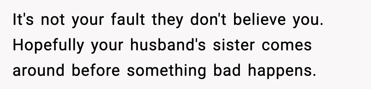 It's not your fault they don't believe you. Hopefully your husband's sister comes around before something bad happens.
