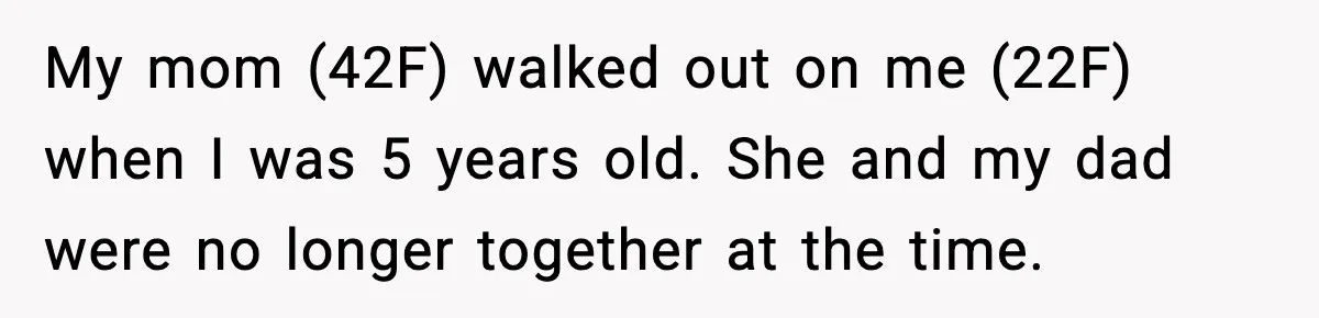 Woman Refuses To Accept Her Mother’s “Do-Over Family” After Years Of Abandonment My mom (42F) walked out on me (22F) when I was 5 years old. She and my dad were no longer together at the time.