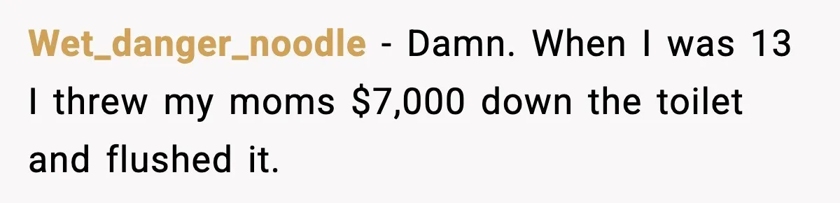 Wet_danger_noodle − Damn. When I was 13 I threw my moms $7,000 down the toilet and flushed it.