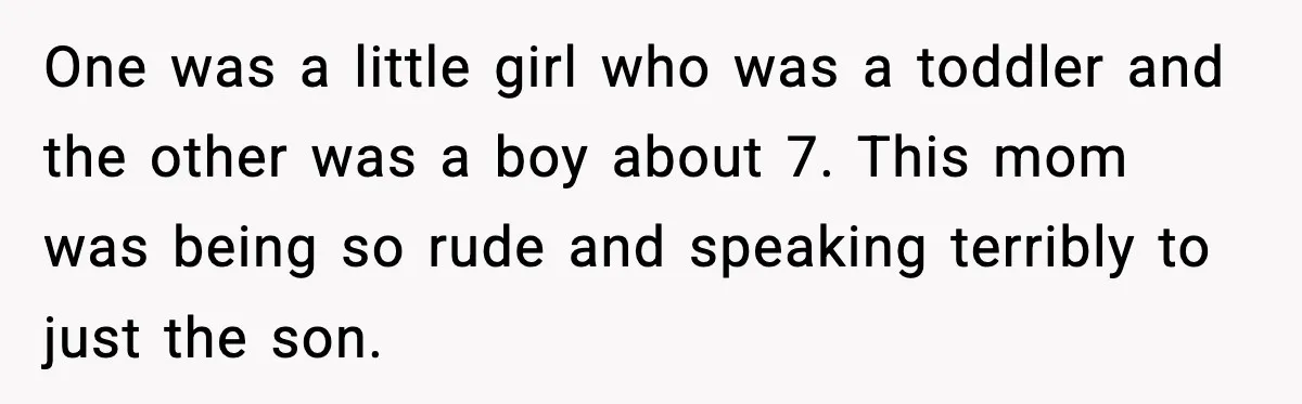 Mom Quietly Teaches Another Parent A Lesson After Seeing How She Treated Her Son One was a little girl who was a toddler and the other was a boy about 7. This mom was being so rude and speaking terribly to just the son.