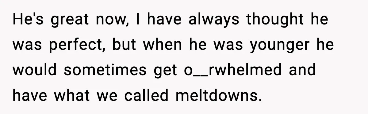 Mom Quietly Teaches Another Parent A Lesson After Seeing How She Treated Her Son He's great now, I have always thought he was perfect, but when he was younger he would sometimes get o__rwhelmed and have what we called meltdowns.