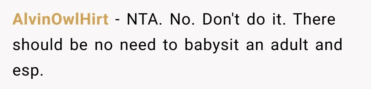 AlvinOwlHirt − NTA. No. Don't do it. There should be no need to babysit an adult and esp.