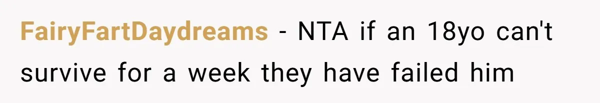 FairyFartDaydreams − NTA if an 18yo can't survive for a week they have failed him