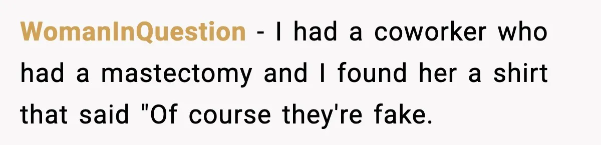 WomanInQuestion − I had a coworker who had a mastectomy and I found her a shirt that said "Of course they're fake.