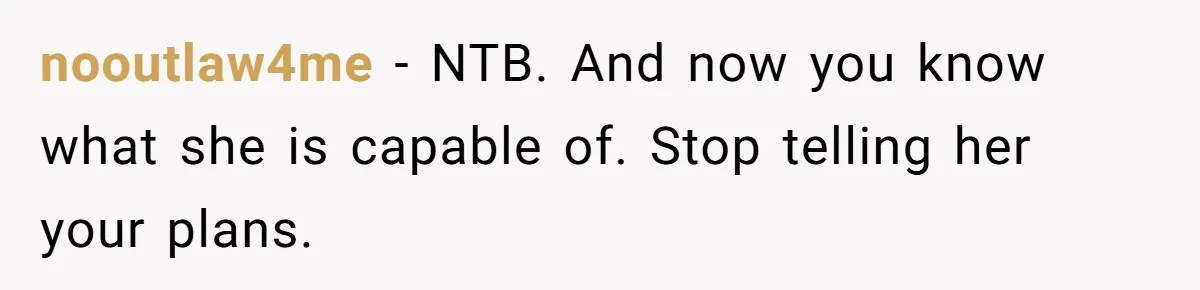 nooutlaw4me − NTB. And now you know what she is capable of. Stop telling her your plans.