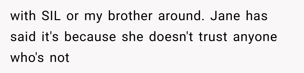 Woman Refuses to House SIL Who Spent Six Years Treating Her Like a Threat to Her Own Nephew with SIL or my brother around. Jane has said it's because she doesn't trust anyone who's not