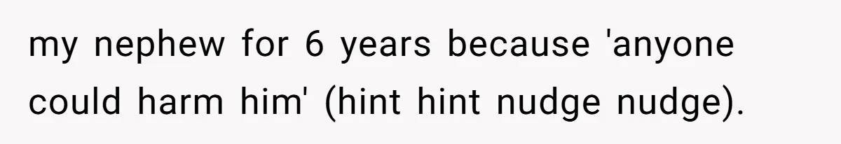 Woman Refuses to House SIL Who Spent Six Years Treating Her Like a Threat to Her Own Nephew my nephew for 6 years because 'anyone could harm him' (hint hint nudge nudge).