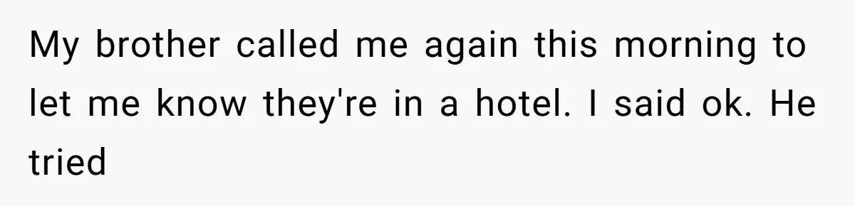 Woman Refuses to House SIL Who Spent Six Years Treating Her Like a Threat to Her Own Nephew My brother called me again this morning to let me know they're in a hotel. I said ok. He tried