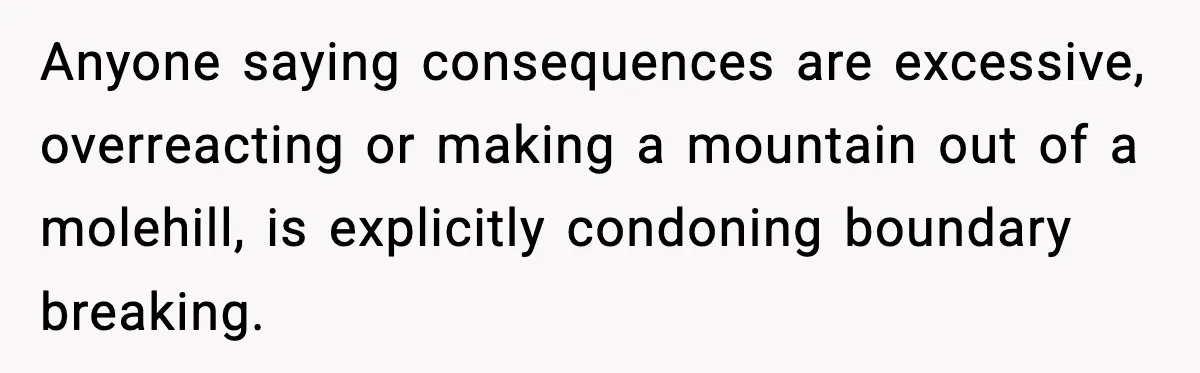 Anyone saying consequences are excessive, overreacting or making a mountain out of a molehill, is explicitly condoning boundary breaking.