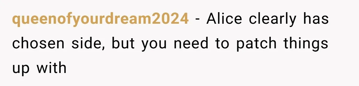 queenofyourdream2024 − Alice clearly has chosen side, but you need to patch things up with