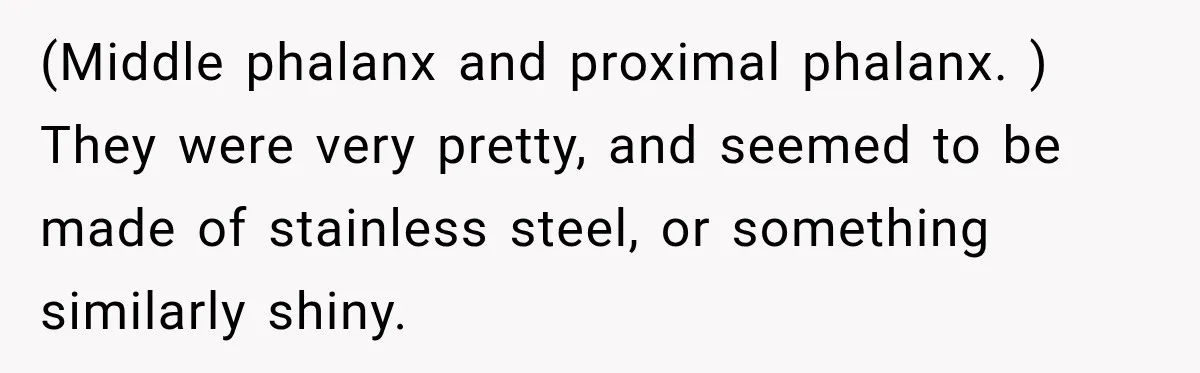 (Middle phalanx and proximal phalanx. ) They were very pretty, and seemed to be made of stainless steel, or something similarly shiny.