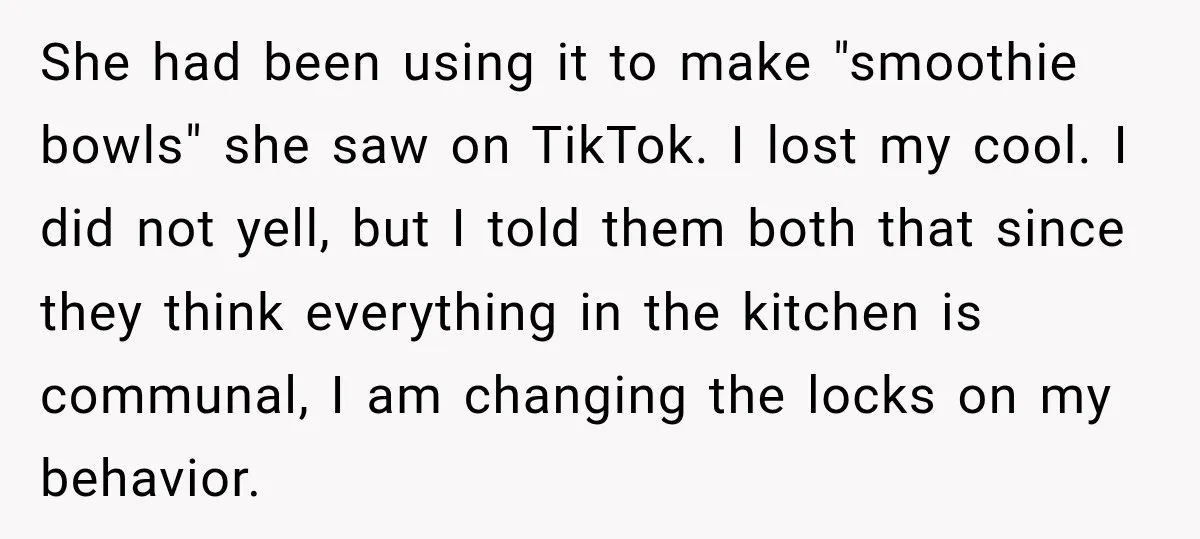 She had been using it to make "smoothie bowls" she saw on TikTok. I lost my cool. I did not yell, but I told them both that since they think...