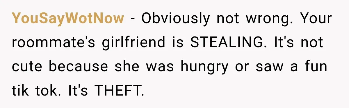 YouSayWotNow − Obviously not wrong. Your roommate's girlfriend is STEALING. It's not cute because she was hungry or saw a fun tik tok. It's THEFT.
