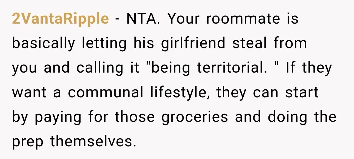 2VantaRipple − NTA. Your roommate is basically letting his girlfriend steal from you and calling it "being territorial. " If they want a communal lifestyle, they can start by paying...