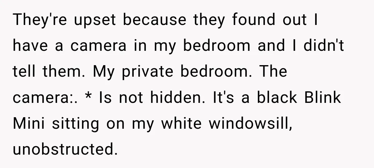 They're upset because they found out I have a camera in my bedroom and I didn't tell them. My private bedroom. The camera:. * Is not hidden. It's a black...