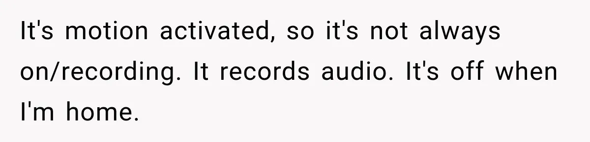 It's motion activated, so it's not always on/recording. It records audio. It's off when I'm home.