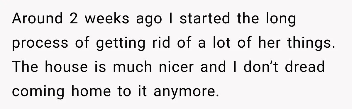 Around 2 weeks ago I started the long process of getting rid of a lot of her things. The house is much nicer and I don’t dread coming home to...