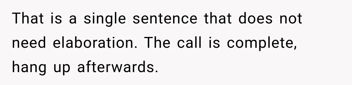 That is a single sentence that does not need elaboration. The call is complete, hang up afterwards.