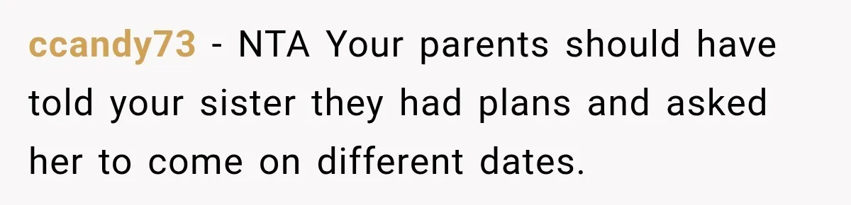 ccandy73 − NTA Your parents should have told your sister they had plans and asked her to come on different dates.