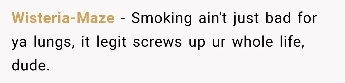 Wisteria-Maze − Smoking ain't just bad for ya lungs, it legit screws up ur whole life, dude.
