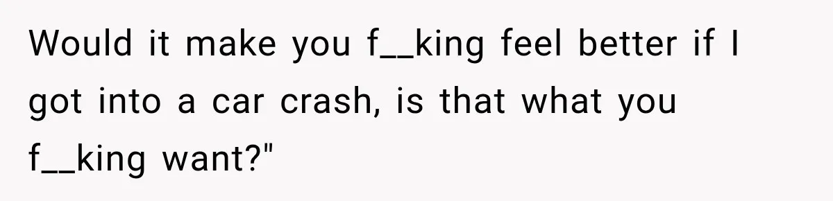 Would it make you f__king feel better if I got into a car crash, is that what you f__king want?"