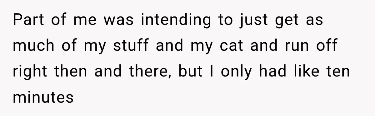 Part of me was intending to just get as much of my stuff and my cat and run off right then and there, but I only had like ten minutes