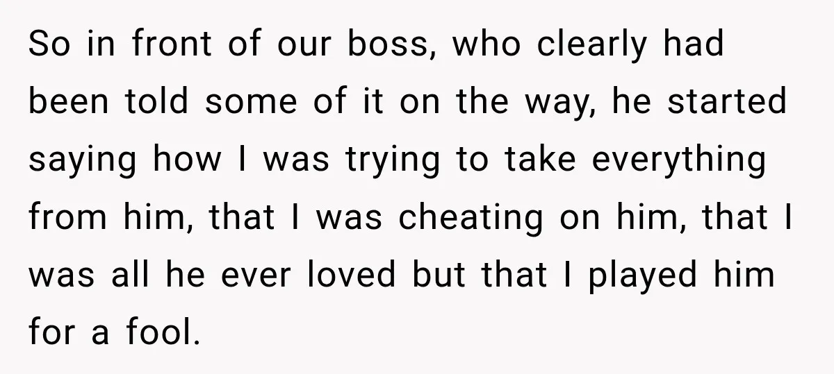 So in front of our boss, who clearly had been told some of it on the way, he started saying how I was trying to take everything from him, that...