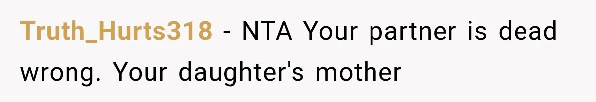 Truth_Hurts318 − NTA Your partner is dead wrong. Your daughter's mother