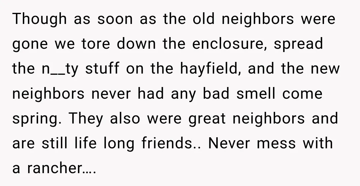 Neighbor Sued Over Six Inches of Fence, So This Rancher Gave Him Exactly What He Asked For Though as soon as the old neighbors were gone we tore down the enclosure, spread the n__ty stuff on the hayfield, and the new neighbors never had any bad smell...
