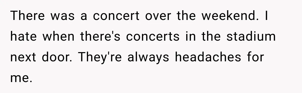 There was a concert over the weekend. I hate when there's concerts in the stadium next door. They're always headaches for me.