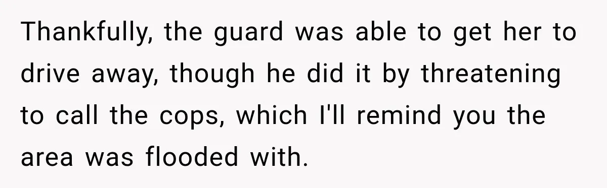 Thankfully, the guard was able to get her to drive away, though he did it by threatening to call the cops, which I'll remind you the area was flooded with.