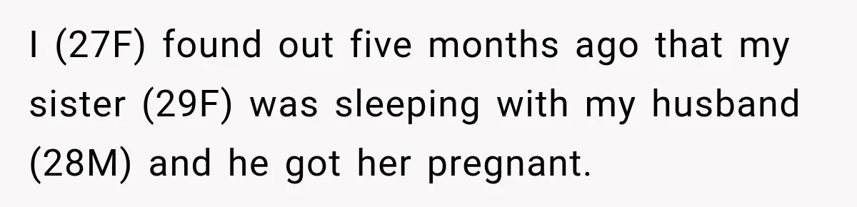 I (27F) found out five months ago that my sister (29F) was sleeping with my husband (28M) and he got her pregnant.