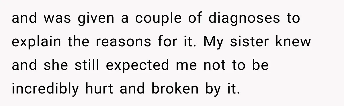 and was given a couple of diagnoses to explain the reasons for it. My sister knew and she still expected me not to be incredibly hurt and broken by it.